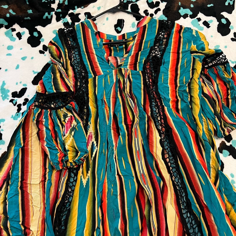 Colorful Striped Bohemian Dress with Lace Accents